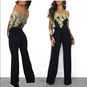 Jumpsuit off shoulder long suit in black and gold lace
